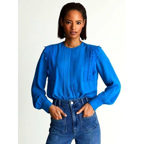 Reiss Bexley Pleated Embroidered ruffle Crepe Blouse‎ Sz 0 blue - Picture 1 of 12